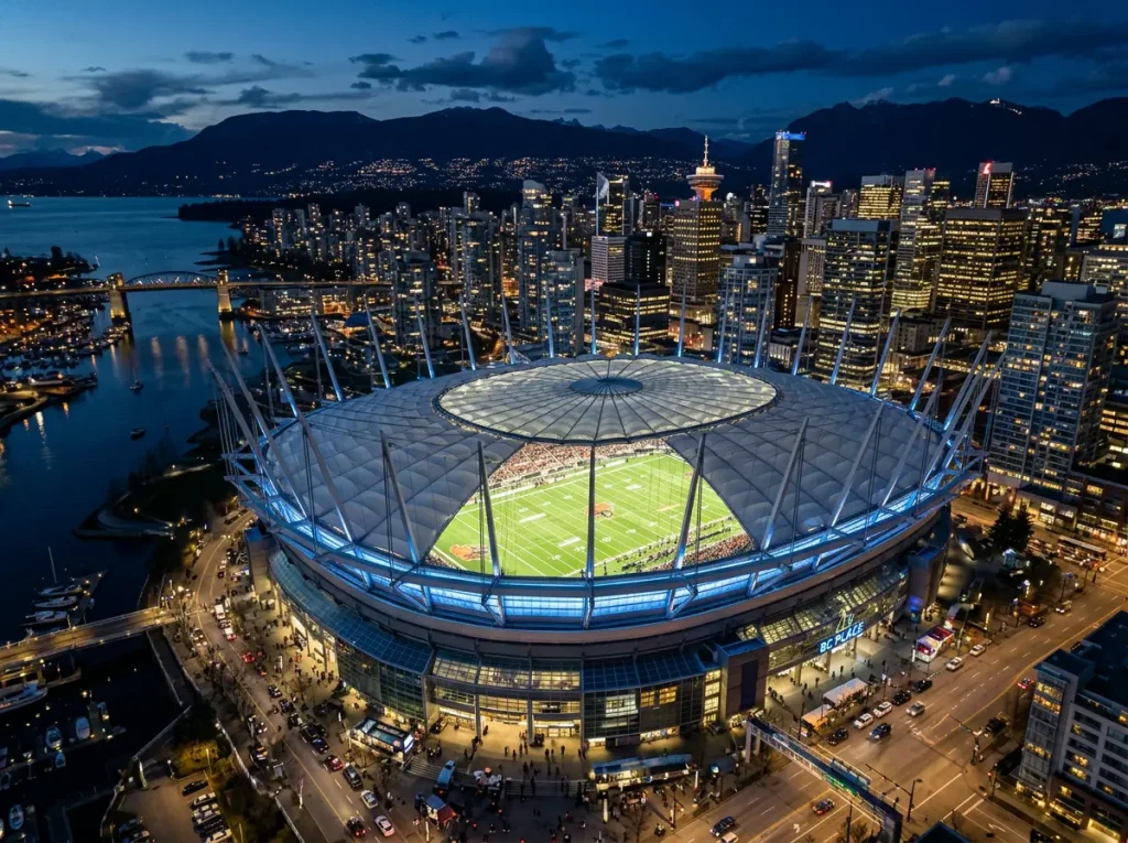 Vue du BC Place de Vancouver avec son toit retractable, stade de la Coupe du Monde 2026