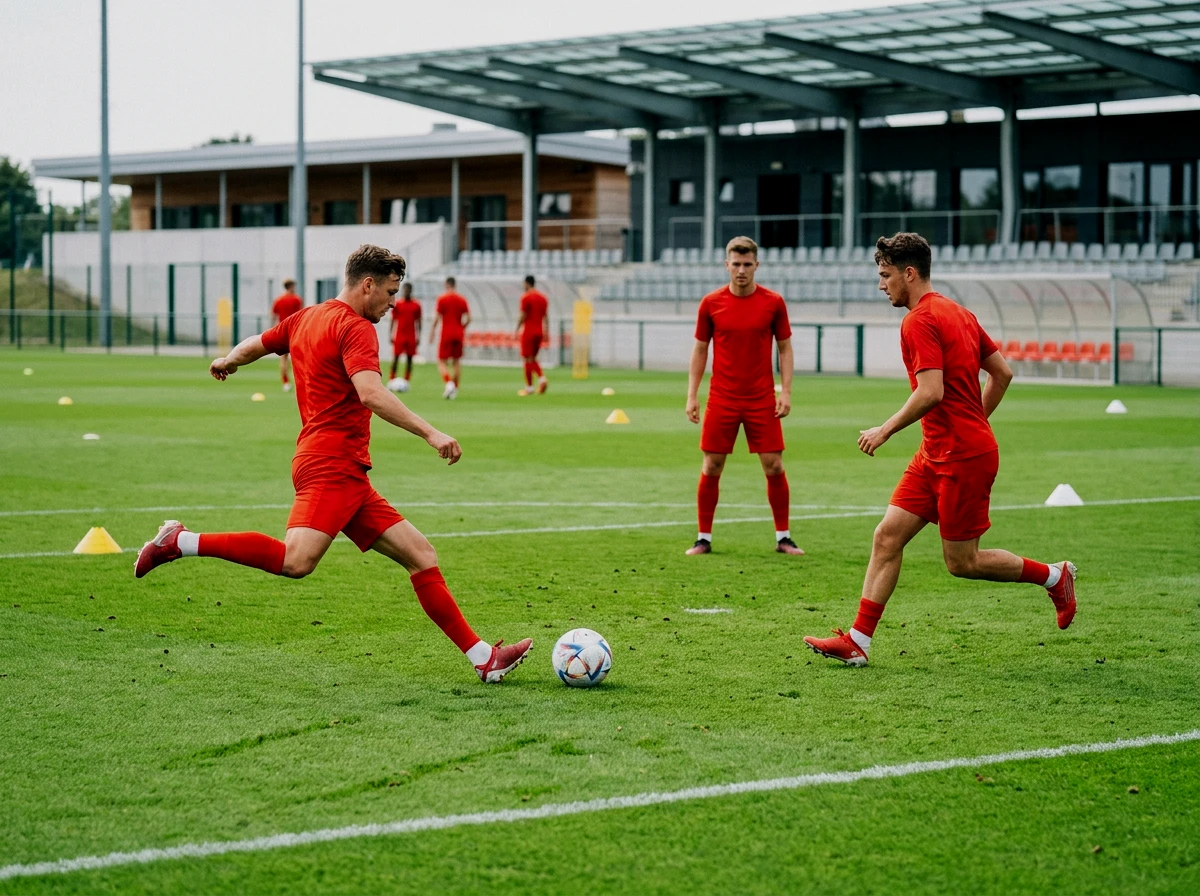 Joueurs de football en maillot rouge lors d'un entraînement sur terrain vert
