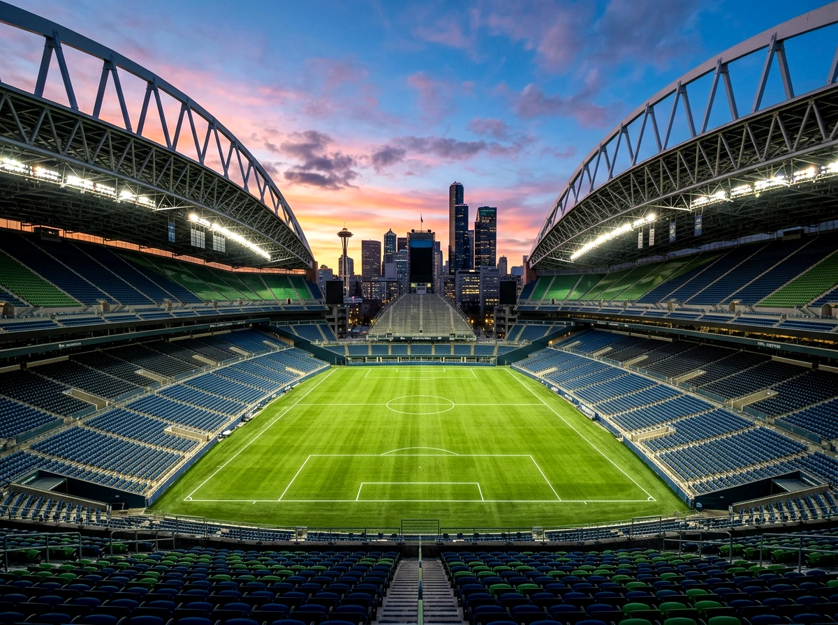 Stade Lumen Field de Seattle illuminé en soirée avec pelouse verte