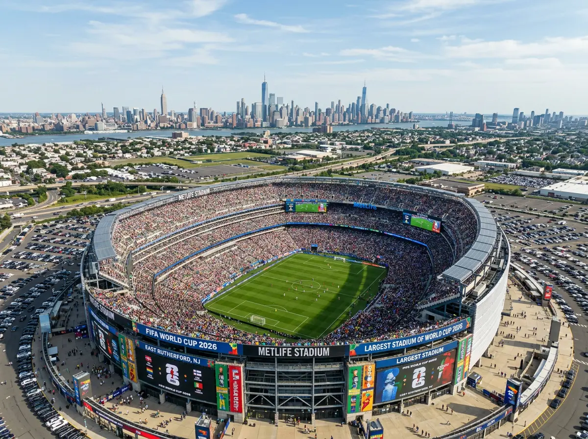 Vue aerienne du MetLife Stadium de New York, stade de la finale de la Coupe du Monde 2026