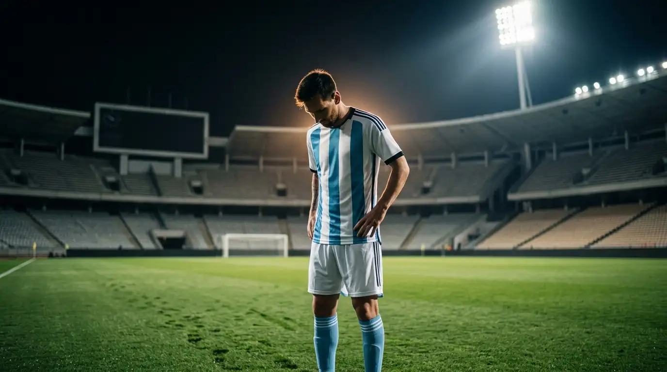 Un joueur de football pensif, seul sur la pelouse après un match, sous les lumières du stade