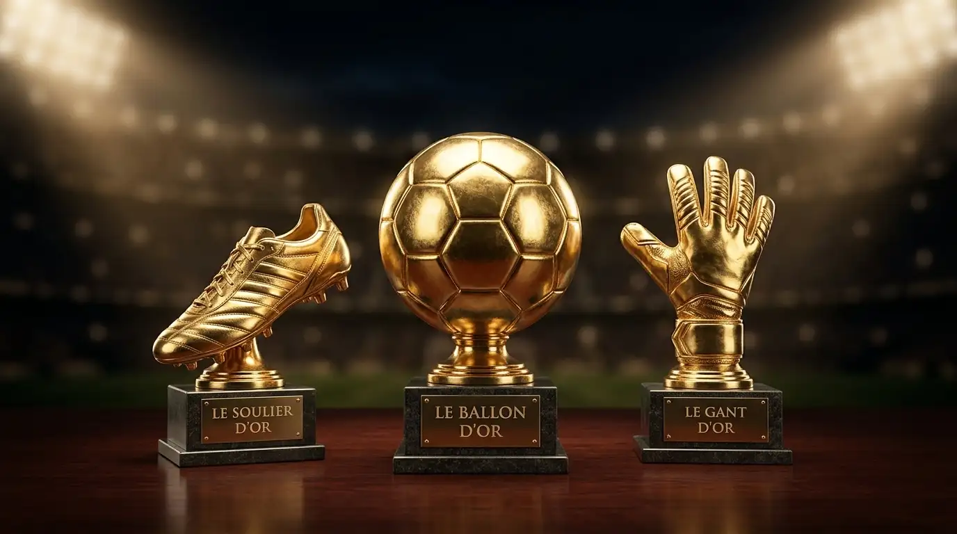 Une collection de trophées individuels de football posés sur une table sous les projecteurs